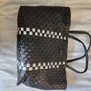 kate spade Black Woven Tote with White Checker Stripe